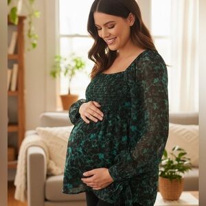 Isabel Maternity by Ingrid & Isabel Green Black Floral Balloon Sleeve Blouse